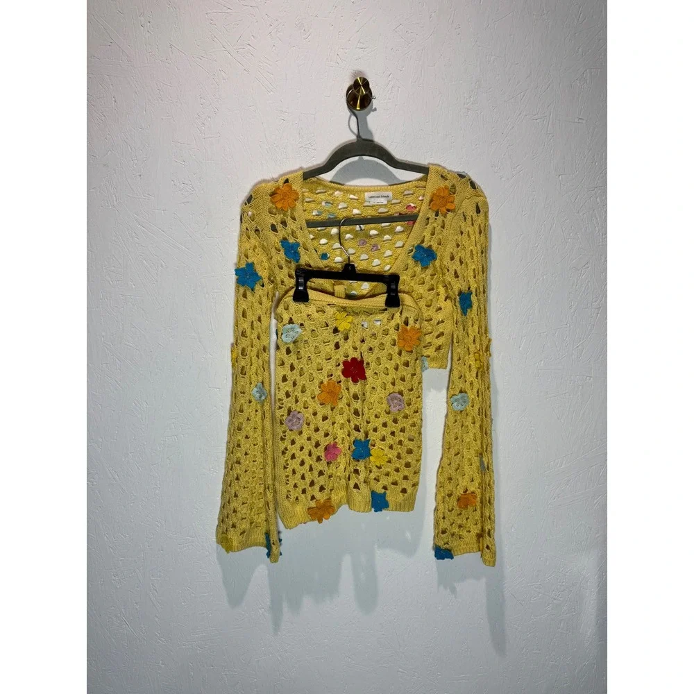 Lovers and Friends Yellow Flower Power Crochet 2 Piece Set Crop Top Skirt XXS